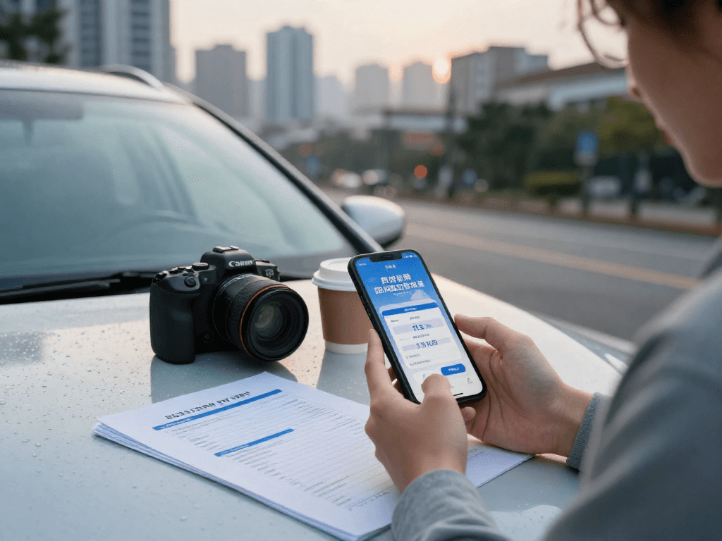 Autoversicherung Dortmund: Vergleich von Versicherungsoptionen mit Smartphone in urbaner Umgebung.