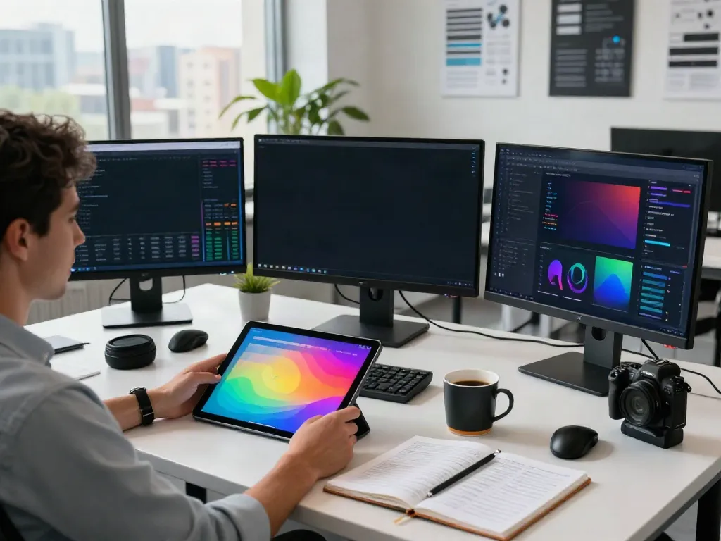 AI visibility tracking pricing analysis with professional workspace showcasing dashboards and analytics tools in a vibrant office.