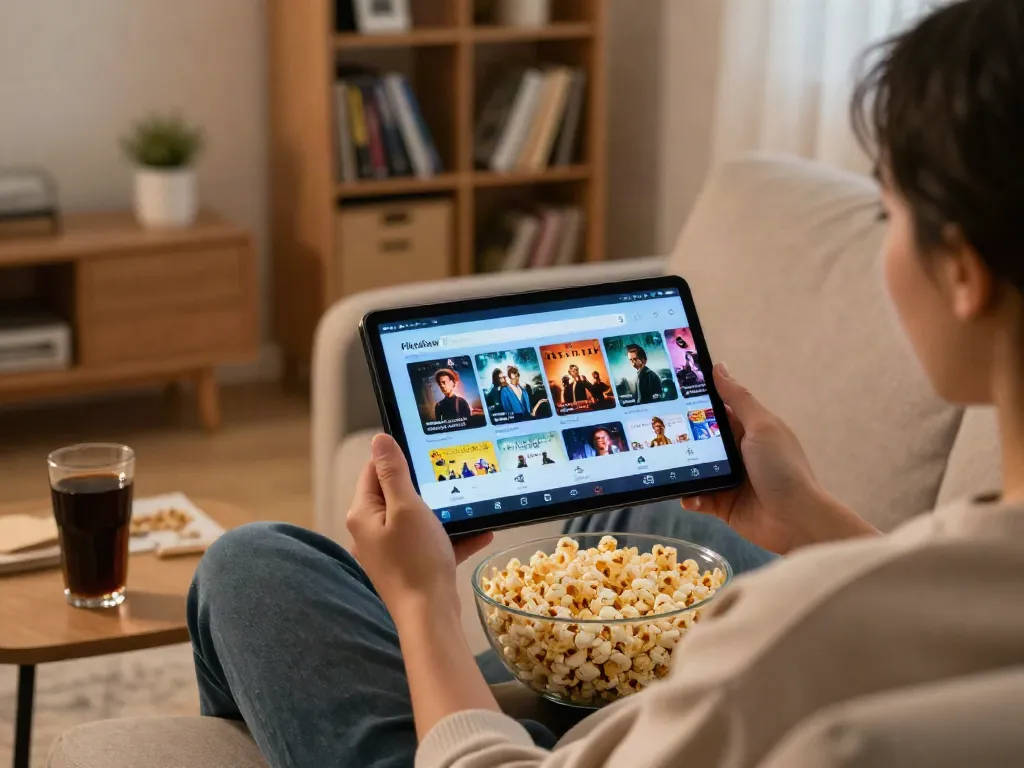 Person enjoying movies and sports on Pikashow app in a cozy living room at pikashowlatestversion.com