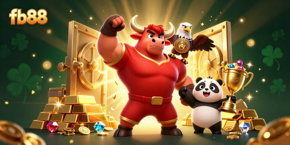 Win big at fb88 with a dynamic casino scene featuring a bull mascot, eagle, and panda celebrating victory.