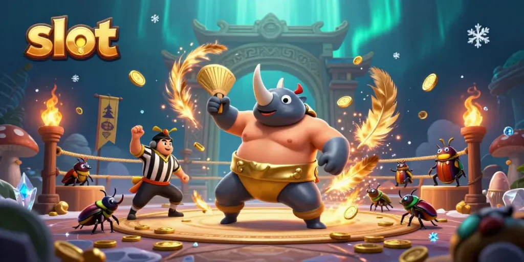 Experience thrilling slot action with a dynamic scene of a beetle champion surrounded by coins and festive elements.