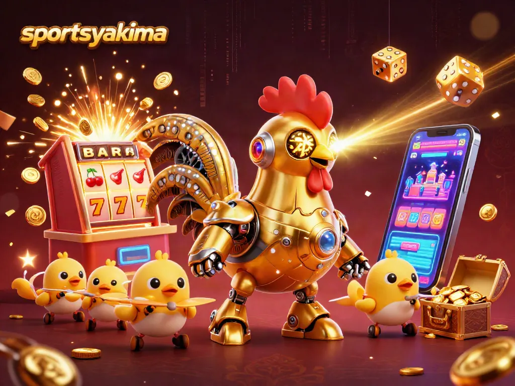 Engage with sportsyakima's vibrant gaming scene featuring golden rooster robot and dynamic slot machine elements.