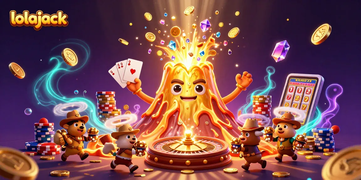 Experience luck and excitement at lolajack with treasure exploding from a golden volcano in this vibrant casino scene.
