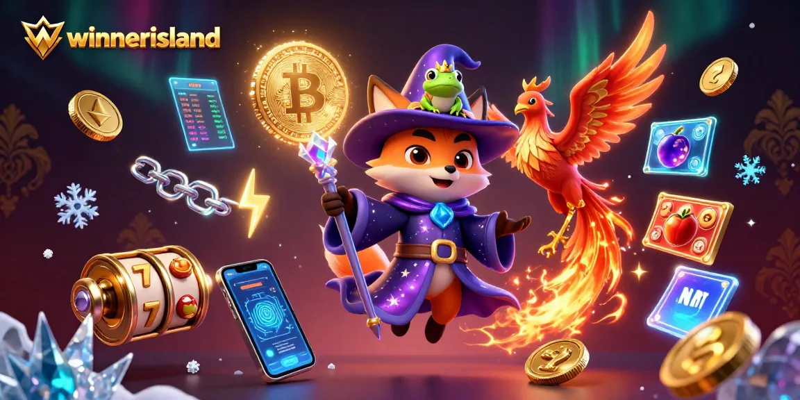 Experience the magic at winnerisland with a wizard fox and phoenix amidst slots and crypto elements.