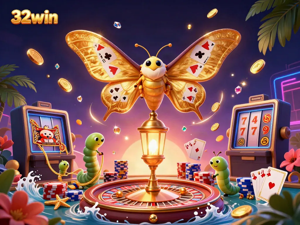 Experience thrilling wins at 32win with a dynamic casino scene featuring vibrant characters and sparkling treasures.