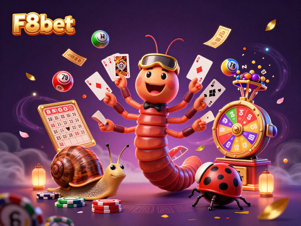 F8bet showcases vibrant gambling action with a whimsical 3D millipede dealer and exciting game elements