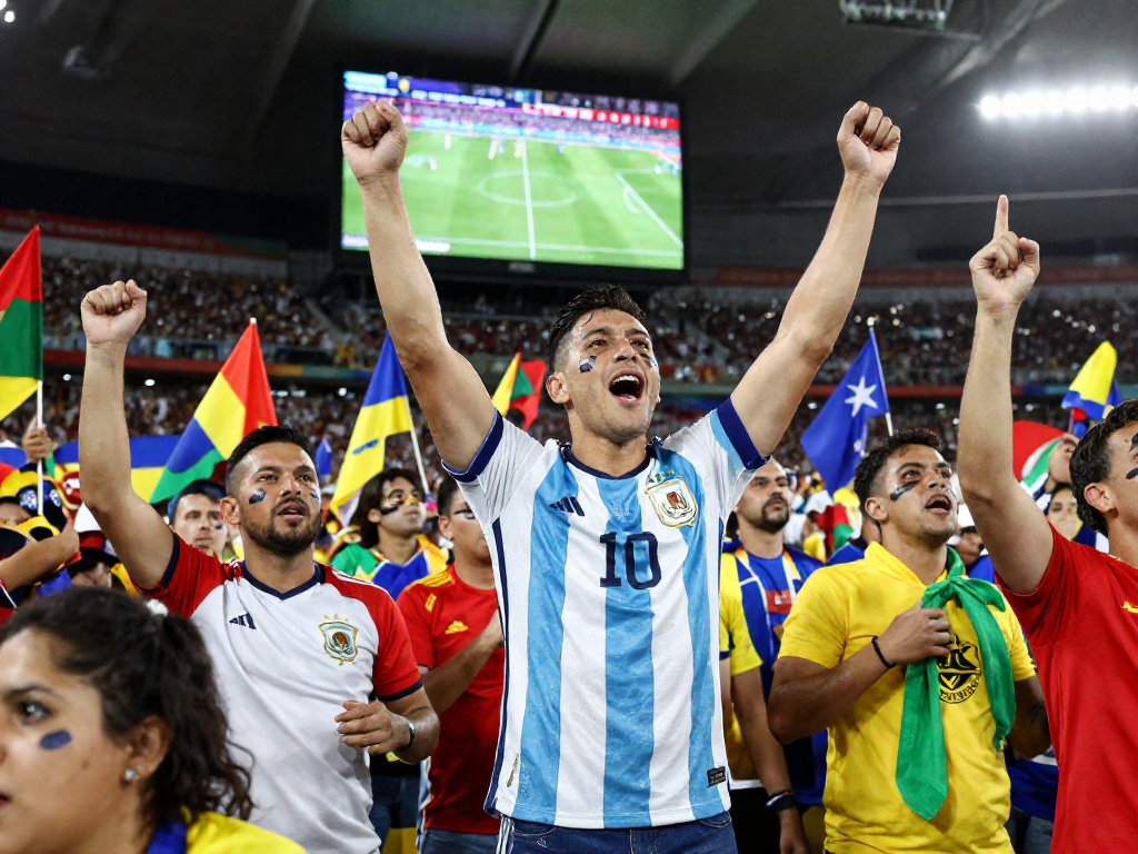 Fußball WM 2026: begeisterter Fan feiert im Stadion mit anderen Anhängern und zeigt die Leidenschaft für das Turnier