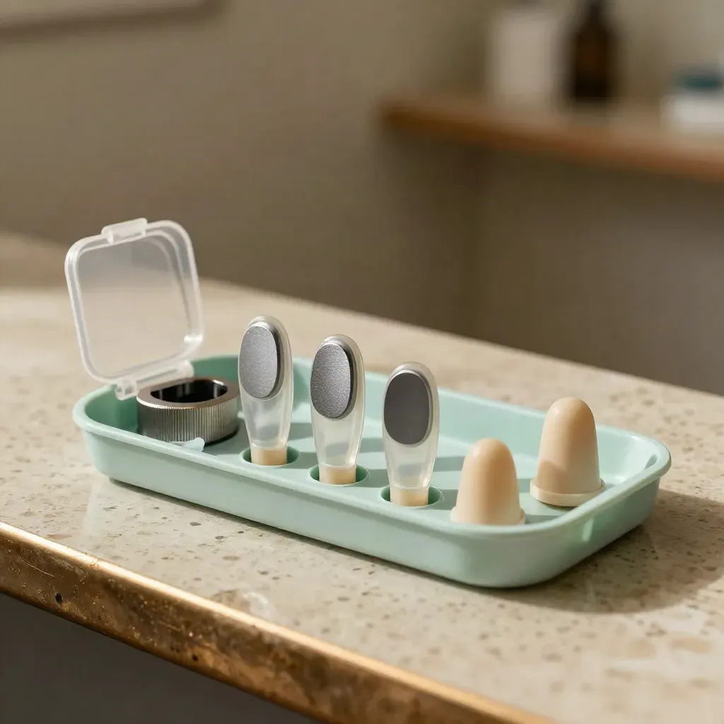 Hoortoestellen, oplaadcradle en siliconen tips op een rustige kliniektray.