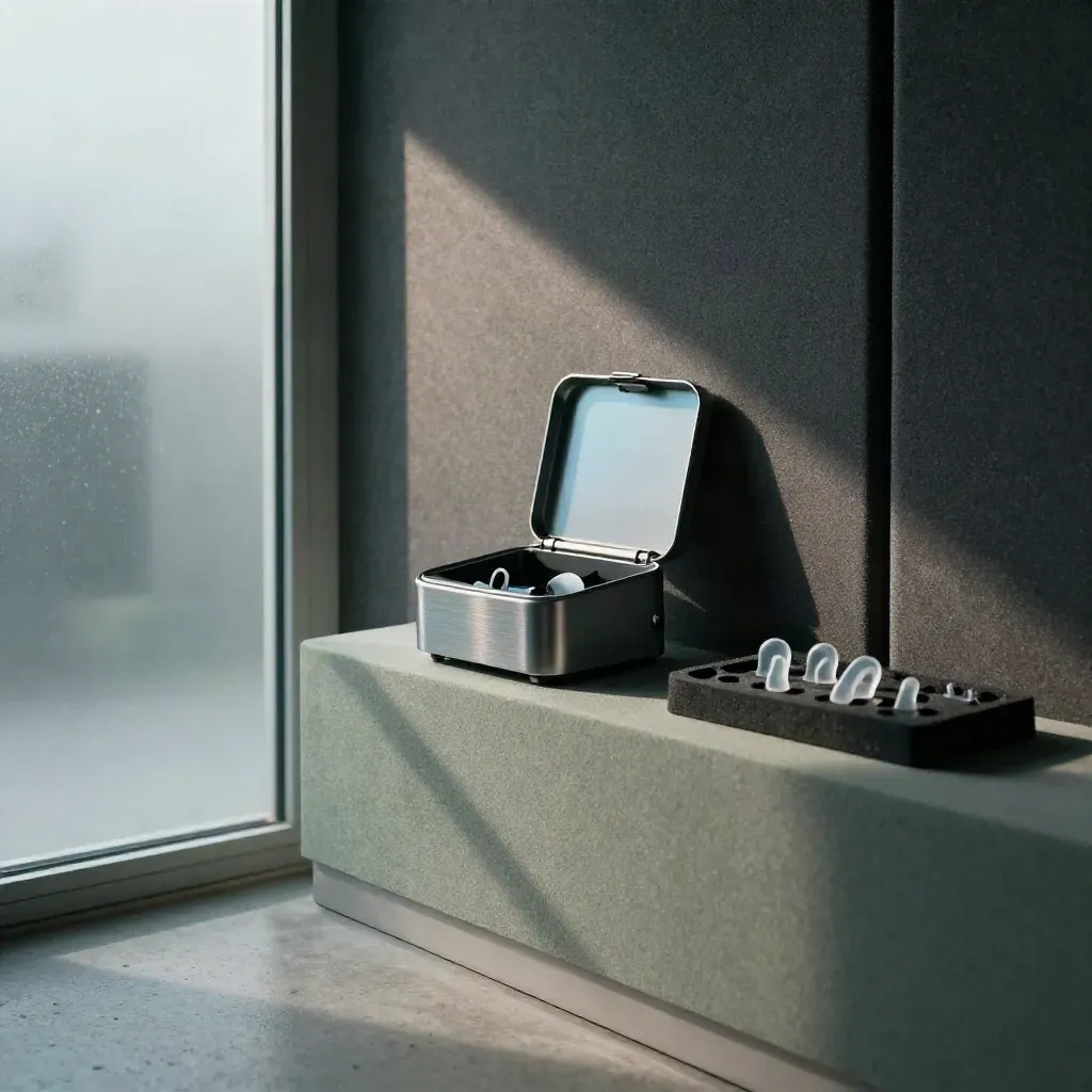 Audiologiecabine met hoortoesteloplader, oorstukjesschaal en frosted glazen deur in dramatisch licht.