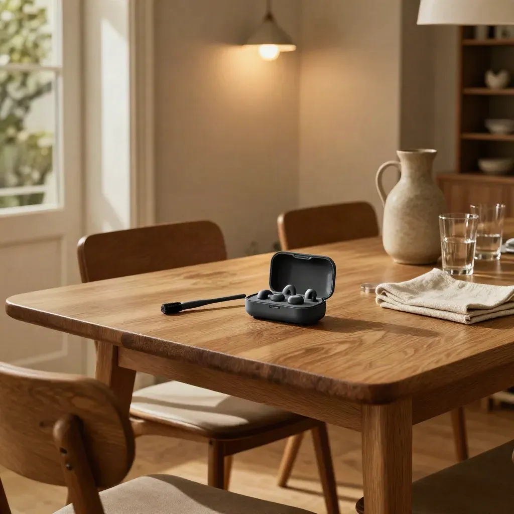 Lege eettafel met hoorhulpmiddelen en warm licht in een rustige eetkamer.