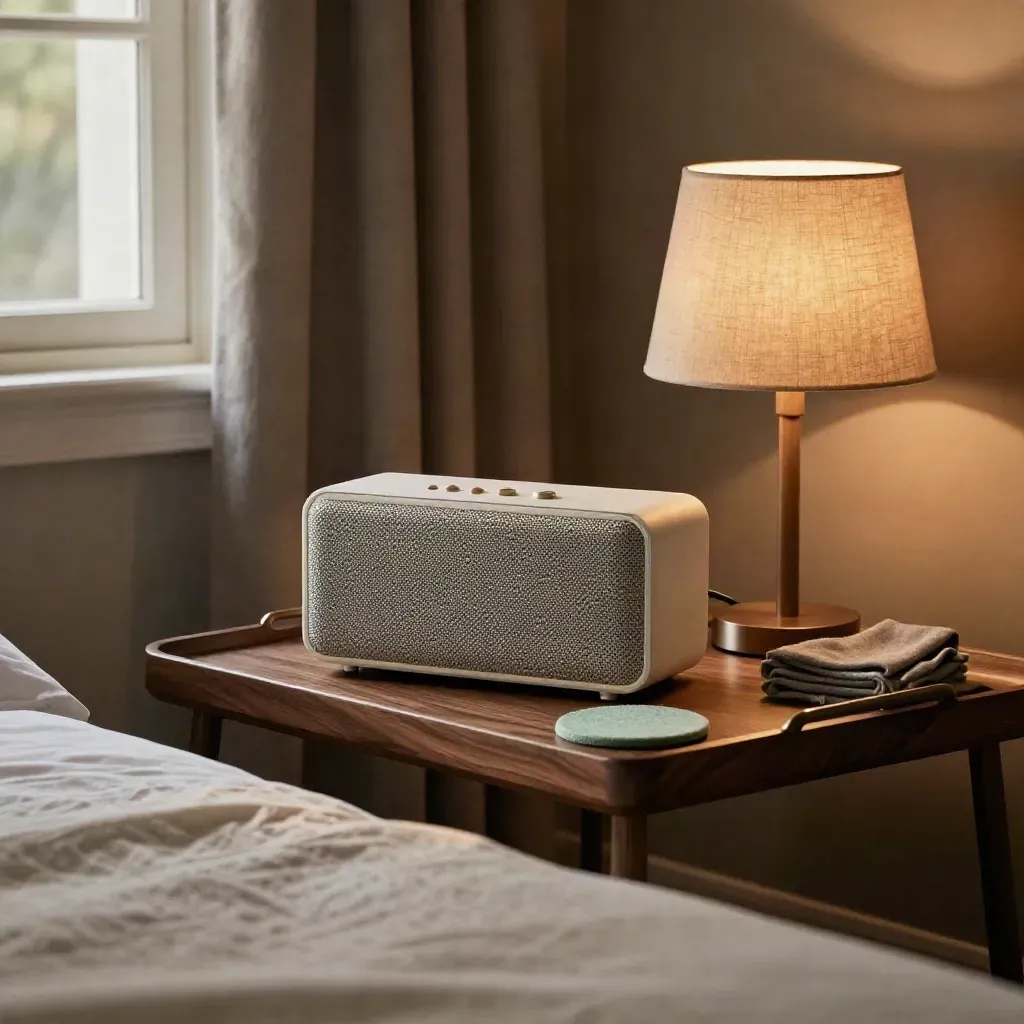 Bedside tray met compacte geluidspeaker, lamp en gesloten gordijnen in een rustige avondsetting.