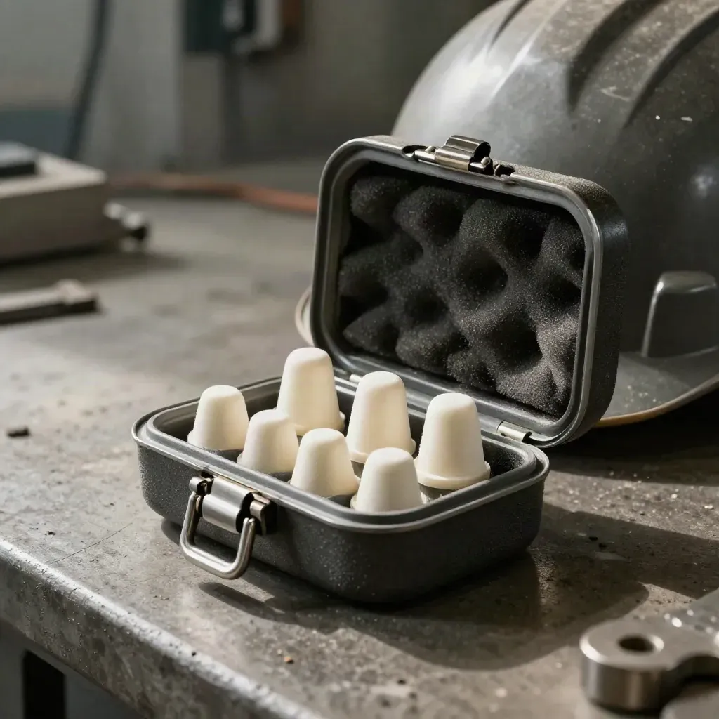 Oordoppen, helm en koffer op een stalen werkbank in warm industrieel licht.