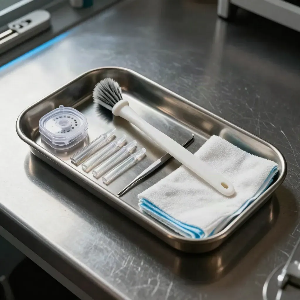 Top-down stilleven van gehooronderhoudsset met filters, buisjes en borstel op metaal.