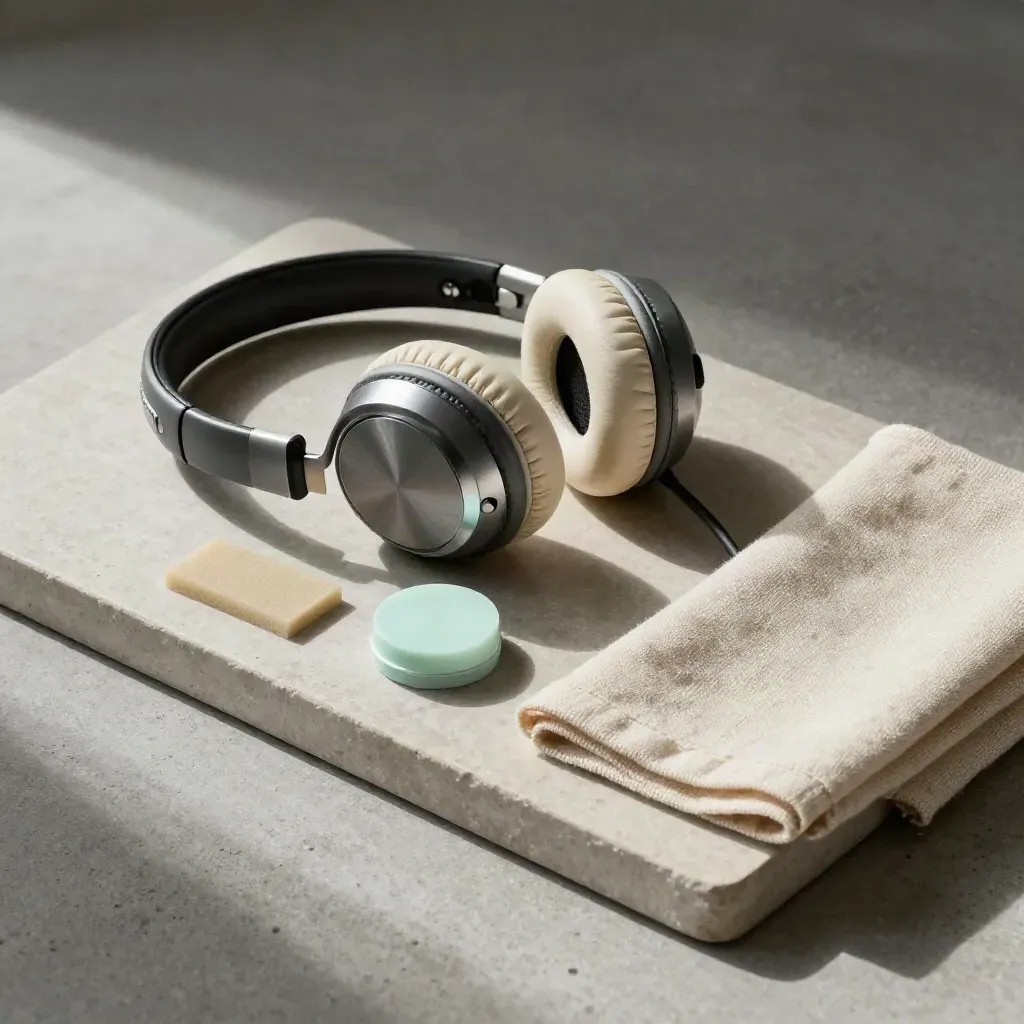 Audiotestset met koptelefoon, schuimstaal en toonpuck op stenen tray