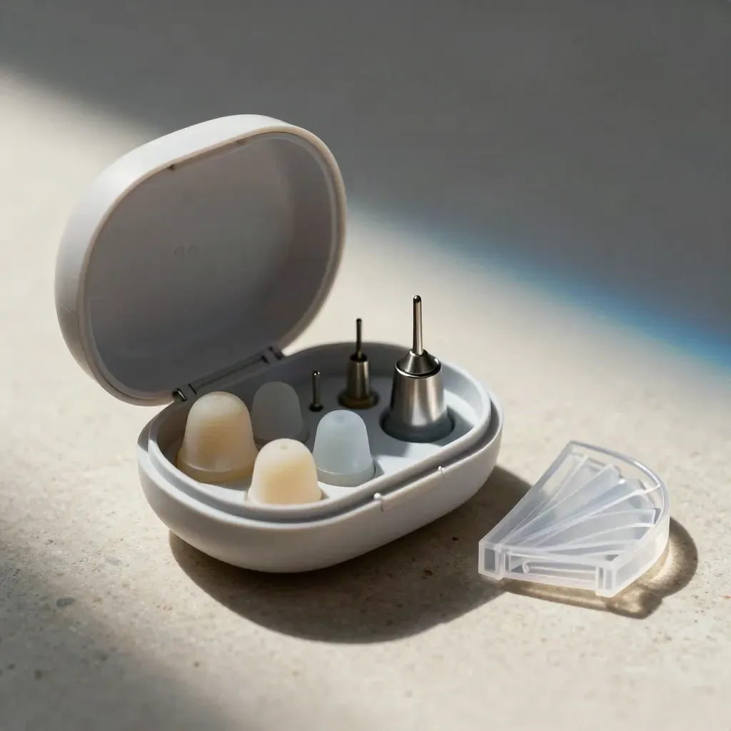 Open hoorapparaat-set met domes, receivers en laadcradle op lichte steen.