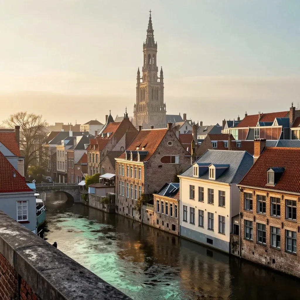 Domtoren boven Utrechtse grachten en daken in warme avondmist.