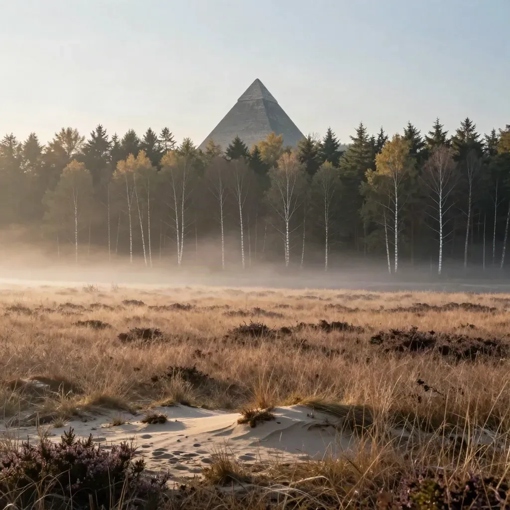 Piramide van Austerlitz boven bos en zandheide in ochtendmist