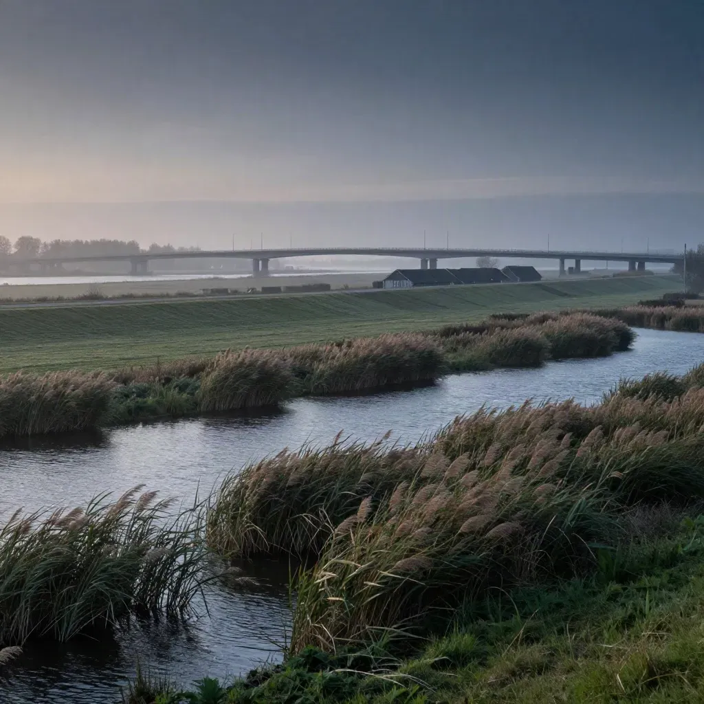 Blauwe uur over Houten en Nieuwegein met bruglijnen, kanaal en rustige groene oevers.