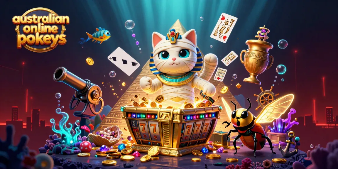 Experience australian online pokies excitement with a dynamic 3D illustration of a mummy cat and treasures.