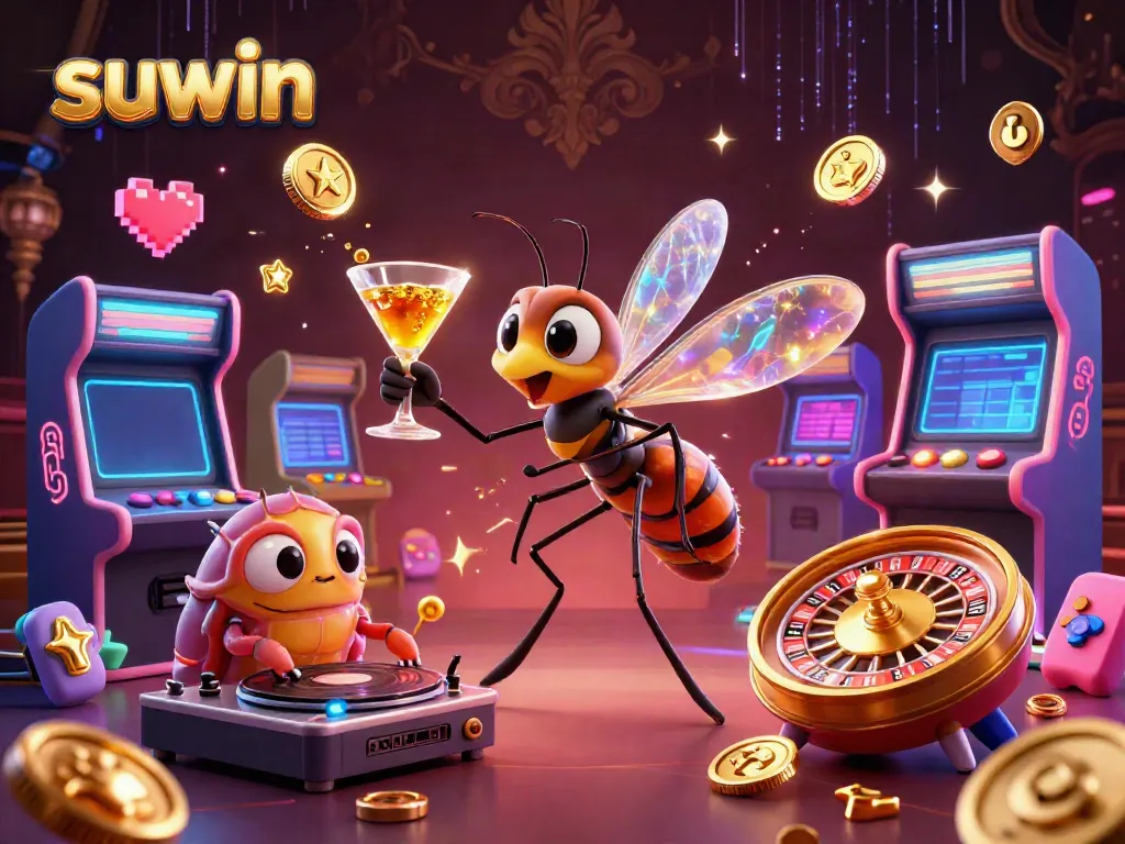 Experience excitement at suwin casino with a vibrant 3D illustration of a unique casino mascot and DJ.