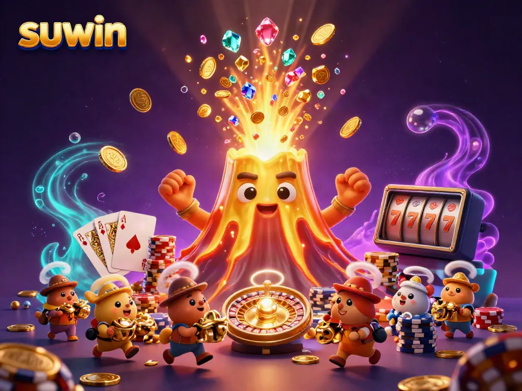 Suwin casino illustration showcasing a vibrant eruption of coins and treasure in a dynamic gaming environment.