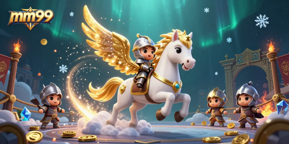 Engage in mm99 casino adventures as a knight rides a celestial horse in a vibrant 3D scene.