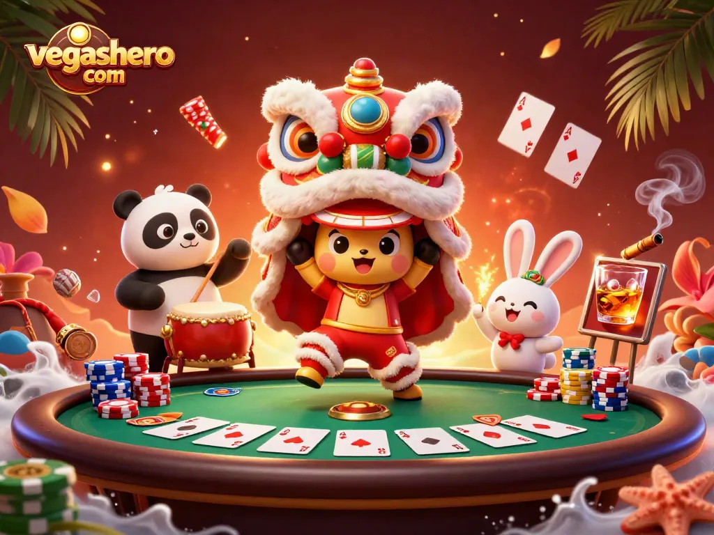 Experience the excitement of vegashero com with a lively casino scene featuring a lion dance, poker elements, and vibrant decorations.
