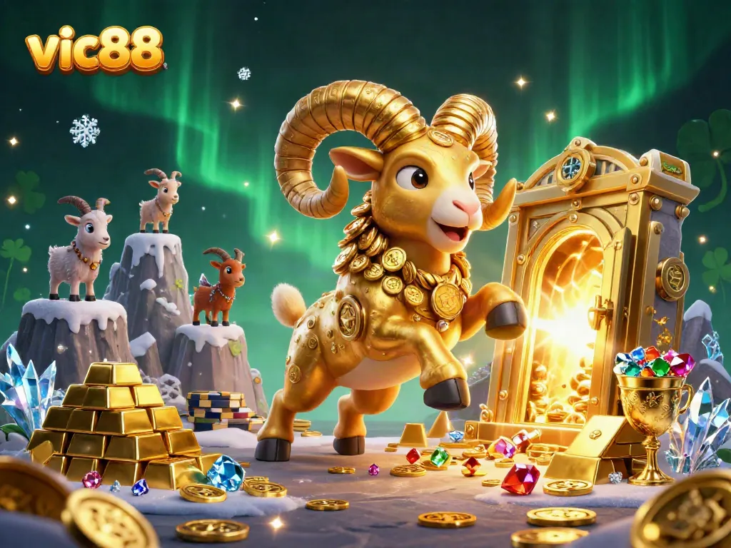 Witness the vic88 gaming adventure with a golden ram charging through a treasure vault loaded with riches and gems.