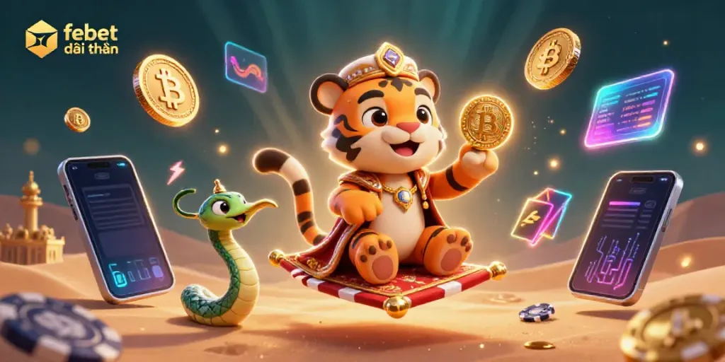 Engage in exciting febet đổi thưởng with a grand illustration of a sultan tiger on a poker chip carpet, layered with crypto elements.