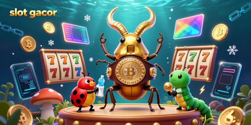 Engage with slot gacor in this exciting 3D illustration of a champion beetle and vibrant casino game elements.