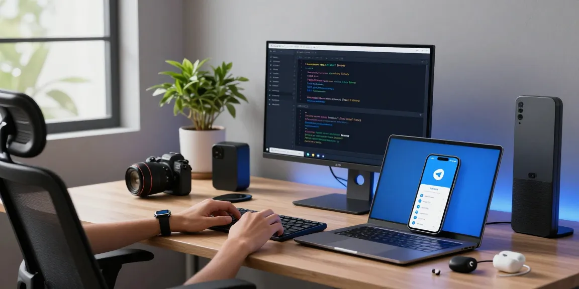 Engaging professional using Telegram Web Version on modern computer, showcasing tech communication.