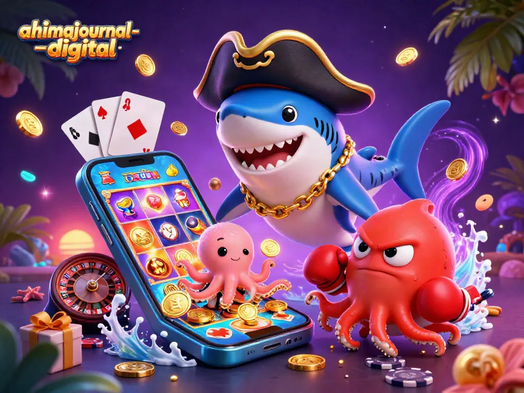 Engage in thrilling gaming at ahimajournal-digital with a vibrant visual of a cartoon pirate shark and casino elements.