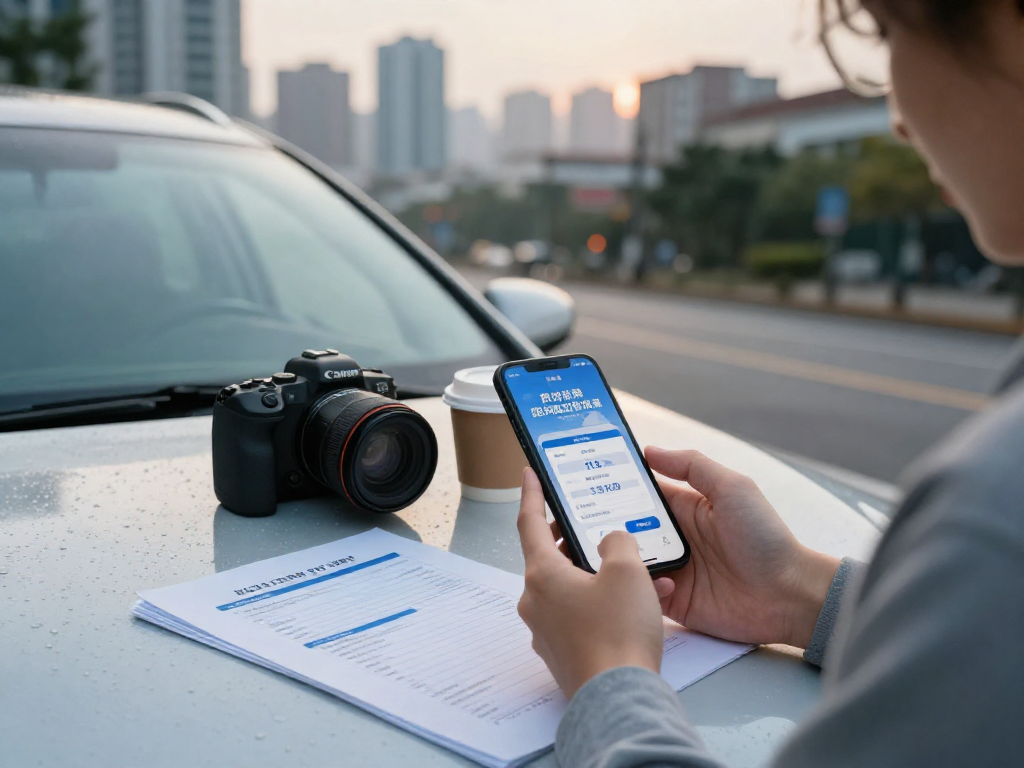 Autoversicherung Dortmund: Vergleich von Versicherungsoptionen mit Smartphone in urbaner Umgebung.