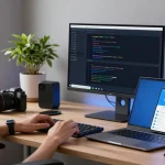 Engaging professional using Telegram Web Version on modern computer, showcasing tech communication.