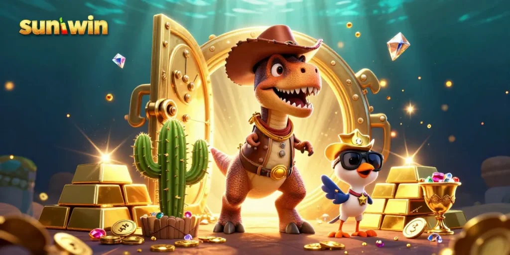 Engage in thrilling gameplay at sunwin with dynamic cartoon characters and a treasure-filled casino atmosphere.