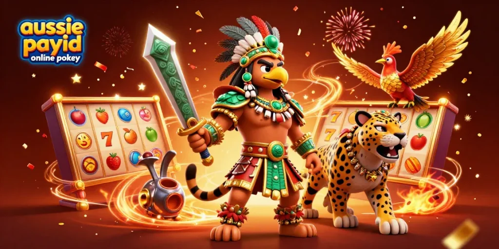 Play aussie payid online pokies in a vibrant casino scene filled with slot reels and festive elements.