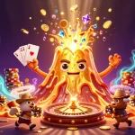 Experience luck and excitement at lolajack with treasure exploding from a golden volcano in this vibrant casino scene.