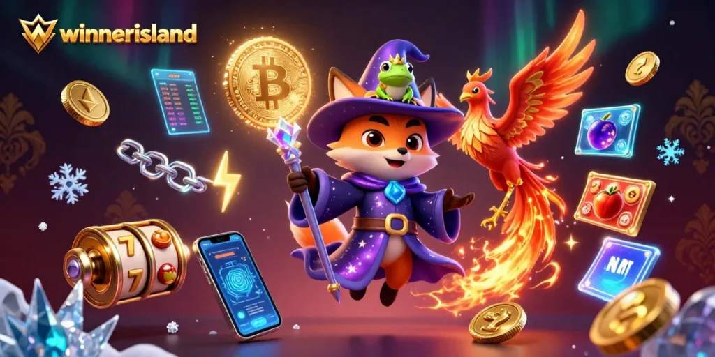 Experience the magic at winnerisland with a wizard fox and phoenix amidst slots and crypto elements.