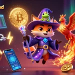 Experience the magic at winnerisland with a wizard fox and phoenix amidst slots and crypto elements.