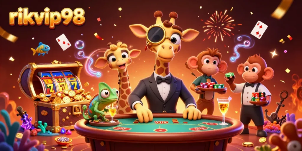 Experience the thrilling action at rikvip98 with a high-roller giraffe, monkey valet, and chameleon bartender in a vibrant casino scene.