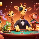Experience the thrilling action at rikvip98 with a high-roller giraffe, monkey valet, and chameleon bartender in a vibrant casino scene.