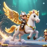 Engage in mm99 casino adventures as a knight rides a celestial horse in a vibrant 3D scene.